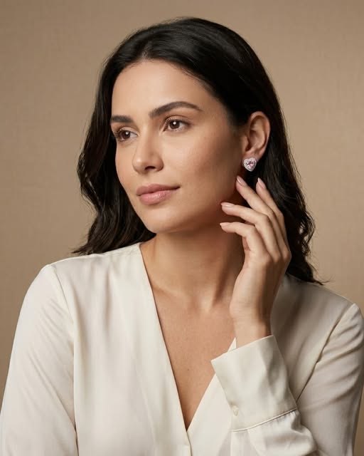 Modelo usando brincos Marsan com pedra rosa